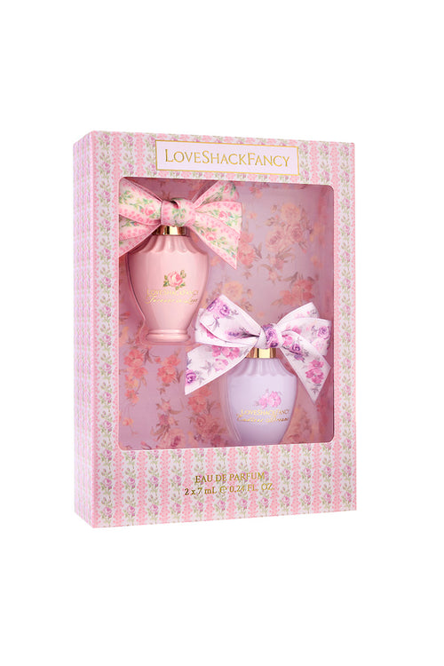 LoveShackFancy mini eau de parfum set in floral pink gift box with bow