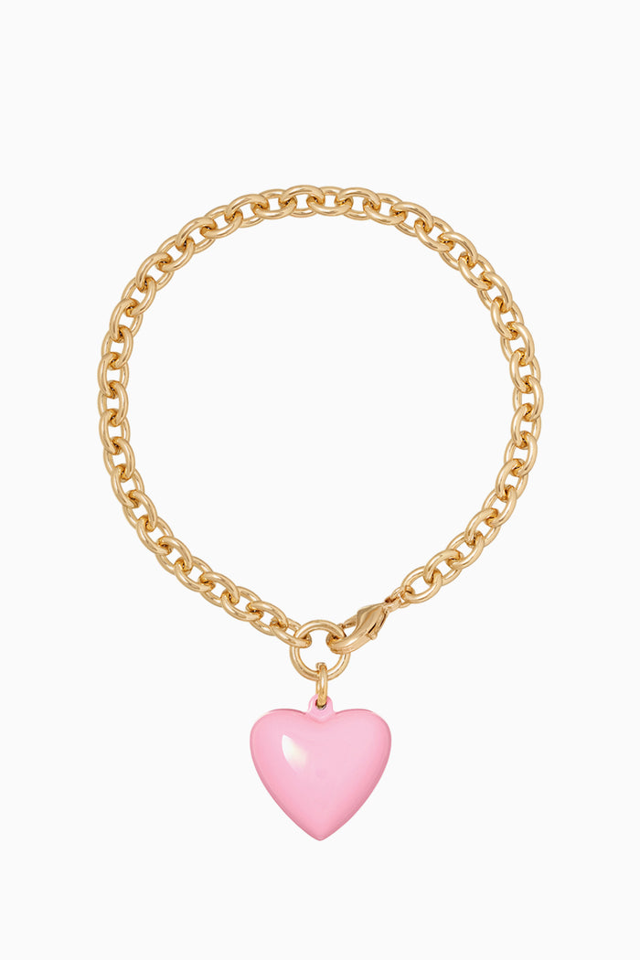 Roxanne Assoulin mini happy heart bracelet with pink heart charm on gold chain