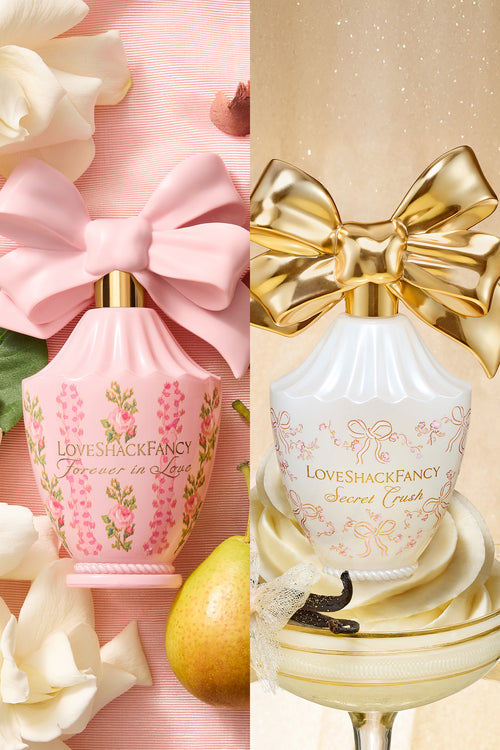 Pink and gold ribbon bow mini fragrance bottle set with floral cream labels