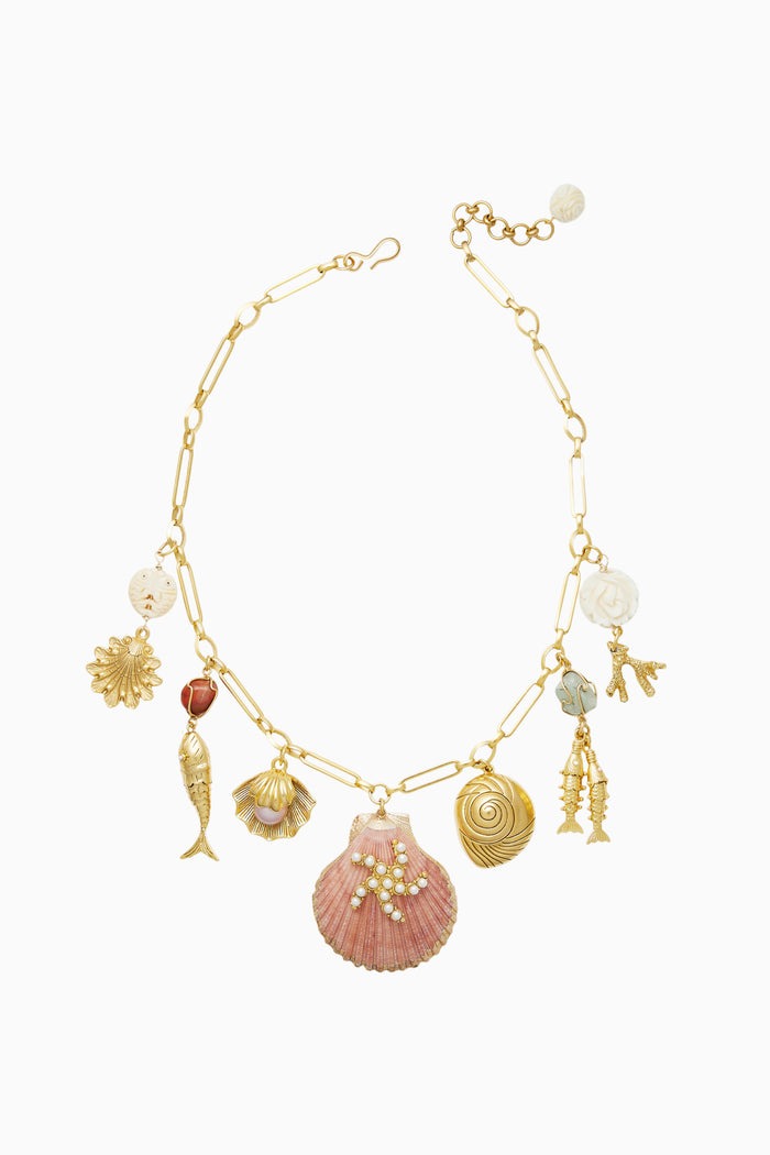Gold-tone chain shell charm necklace, assorted shell and bead pendants