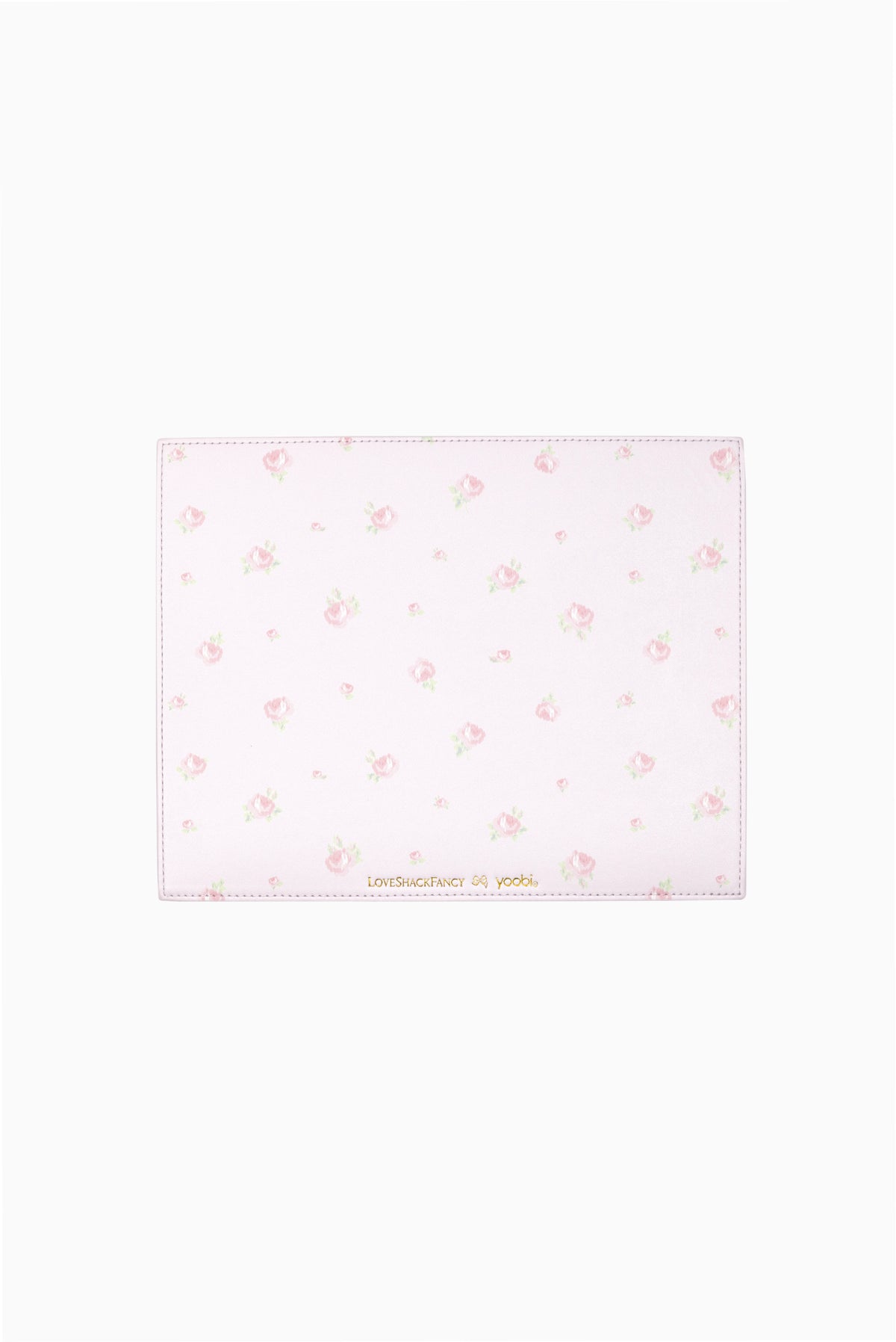Pink and white ditsy mouse pad with light floral pattern and stitched border
