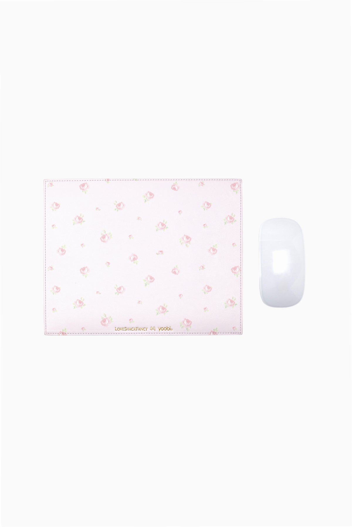 Ditsy floral mouse pad with pink edge border and small heart accents