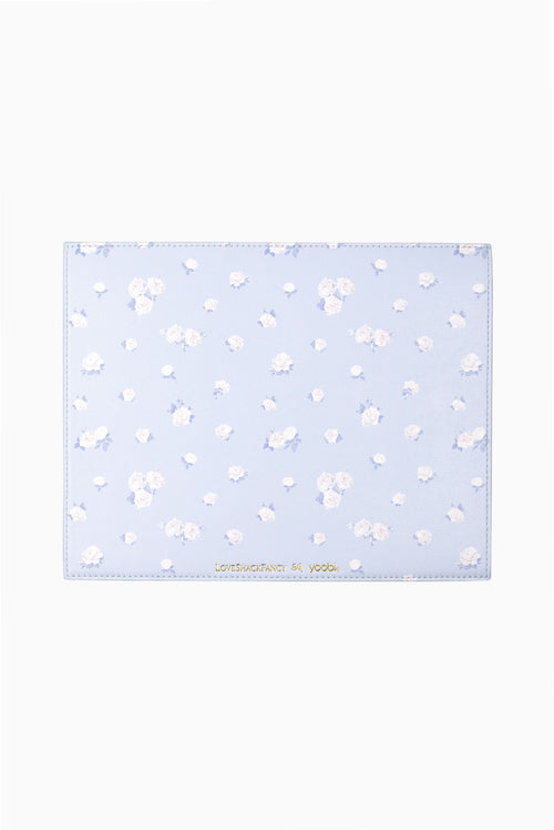 Light blue ditsy floral rosette mouse pad with stitched edges