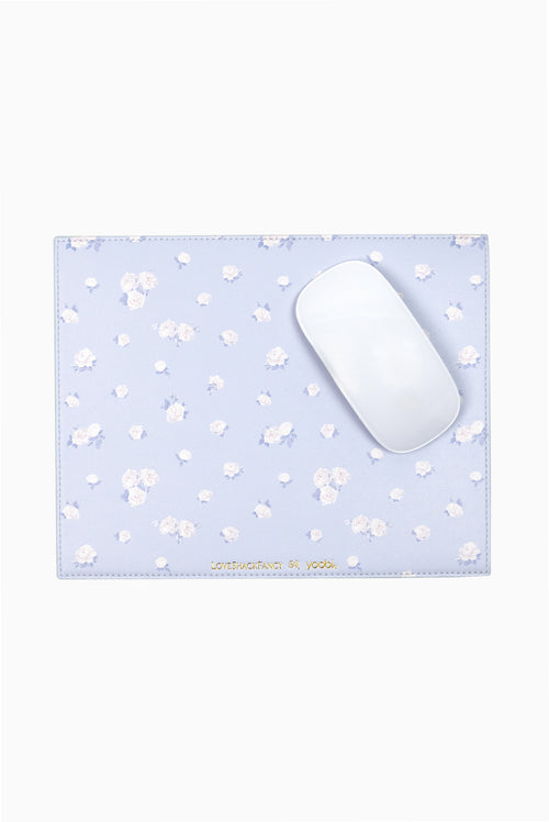 Light blue ditsy floral rosette mouse pad with stitched border and white mouse