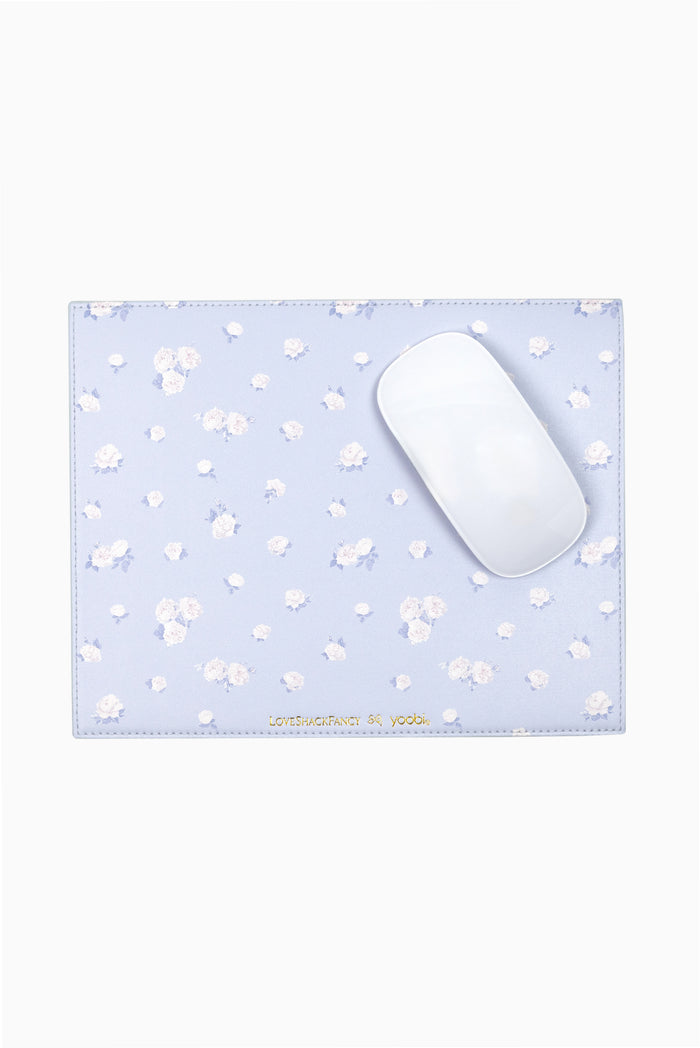 Light blue ditsy floral rosette mouse pad with stitched border and white mouse