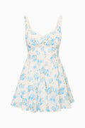 Blue floral linen mini dress with thin spaghetti straps and V-neck bodice