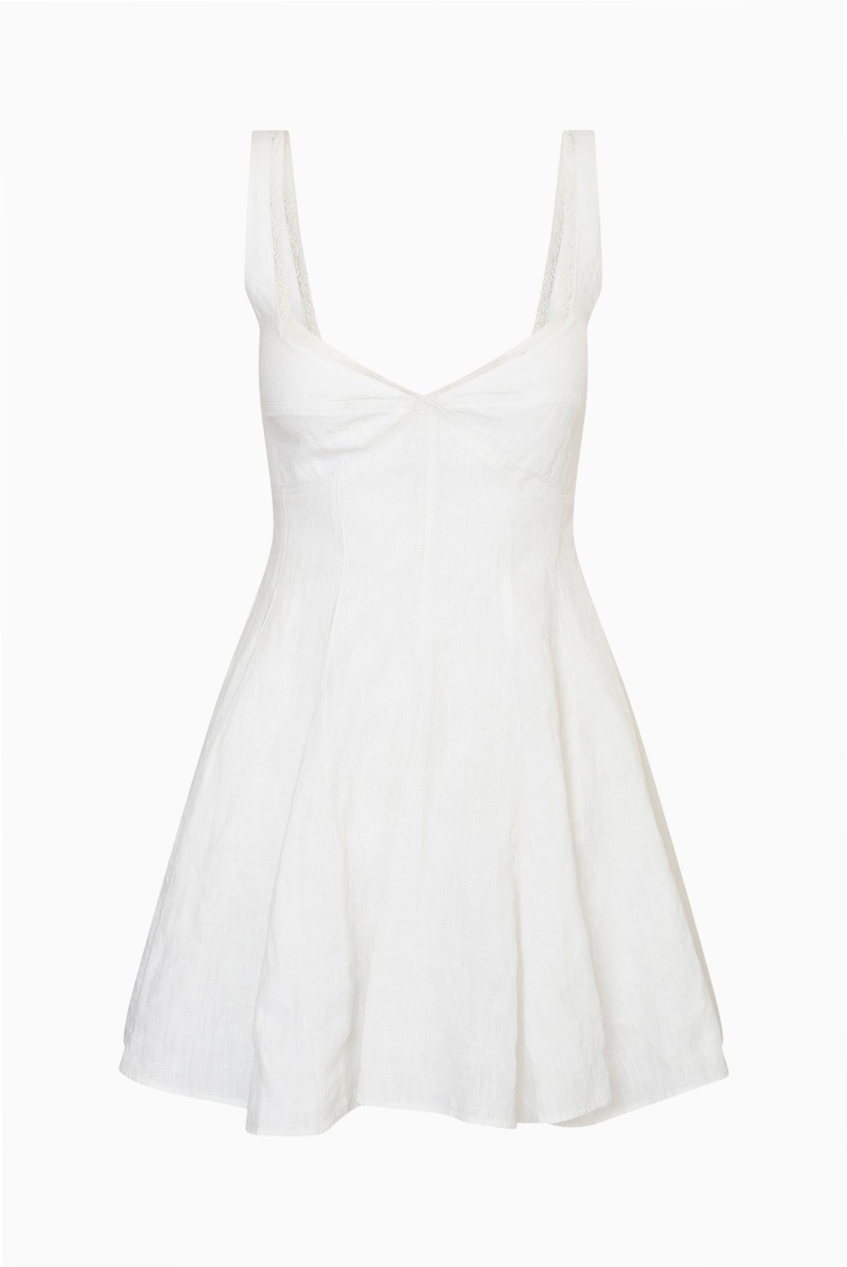 White linen mini dress with square neckline and fitted bodice, flared skirt