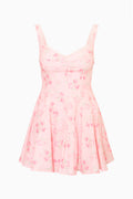 Pink floral linen mini dress with thin spaghetti straps and V-neck bodice