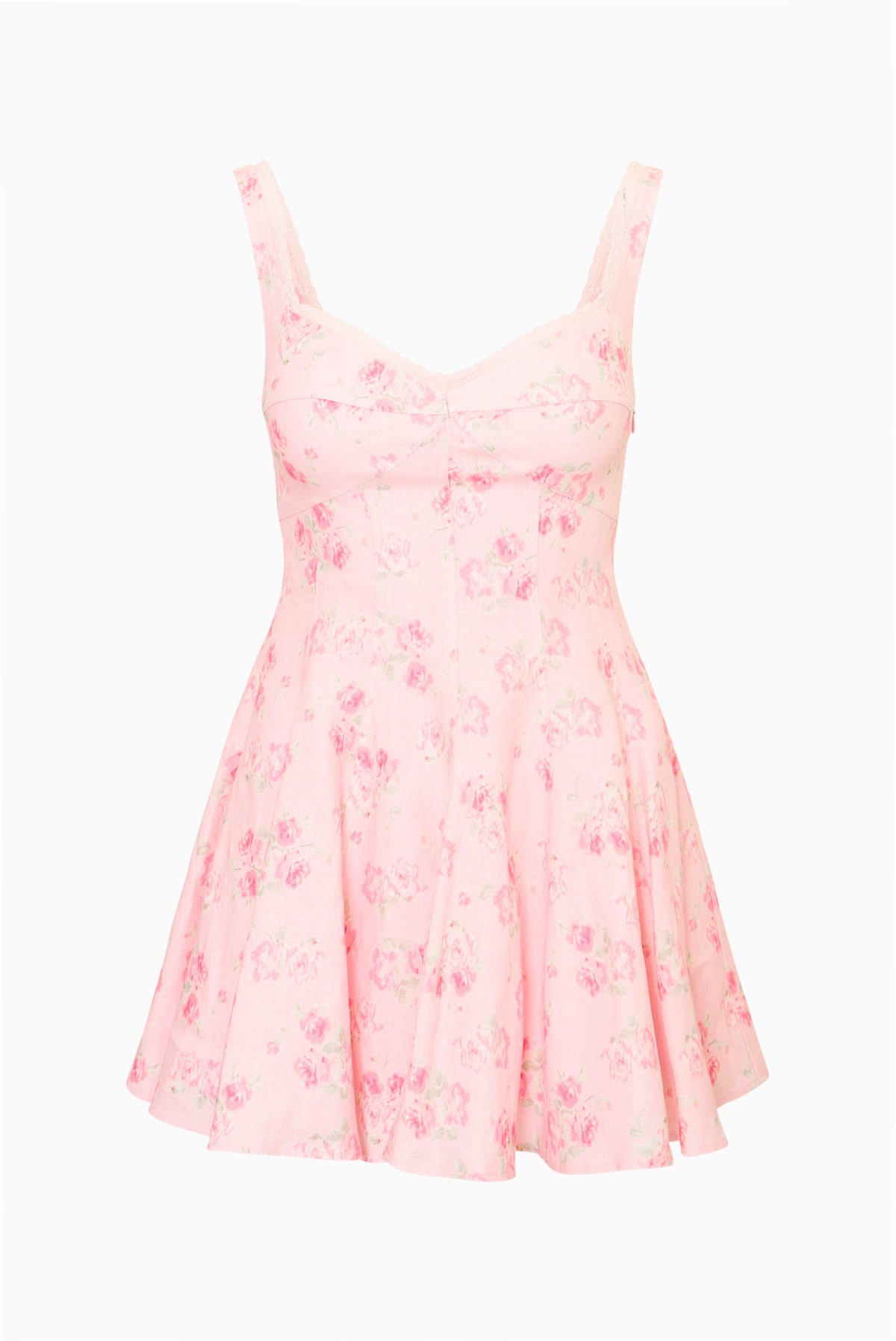 Pink floral linen mini dress with thin spaghetti straps and V-neck bodice