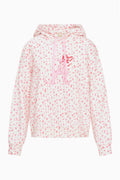Pink floral pullover hoodie front view with hood and drawstring