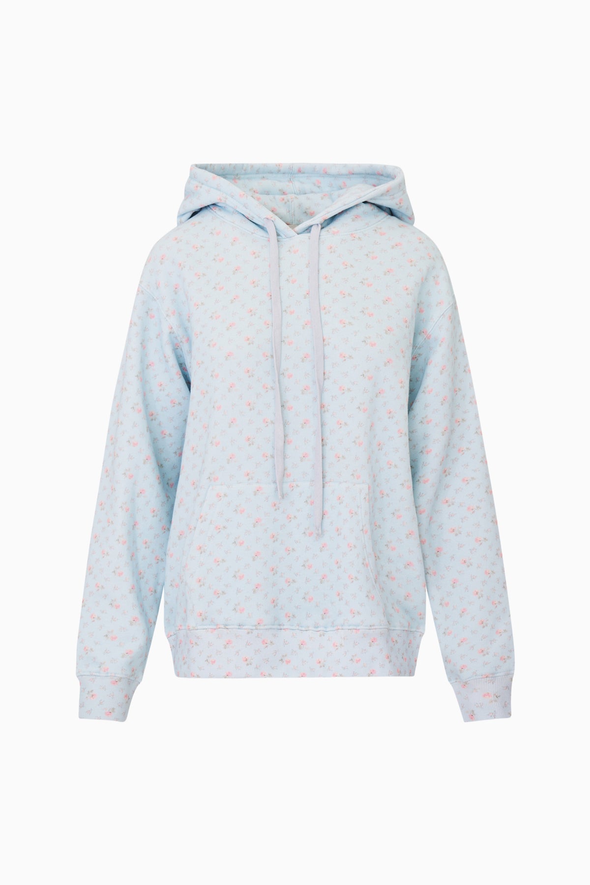Light blue cotton pullover hoodie with speckle print, hood with drawstrings, front pocket