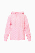 Pink cotton pullover hoodie with hood and drawstring, front kangaroo pocket, long sleeves