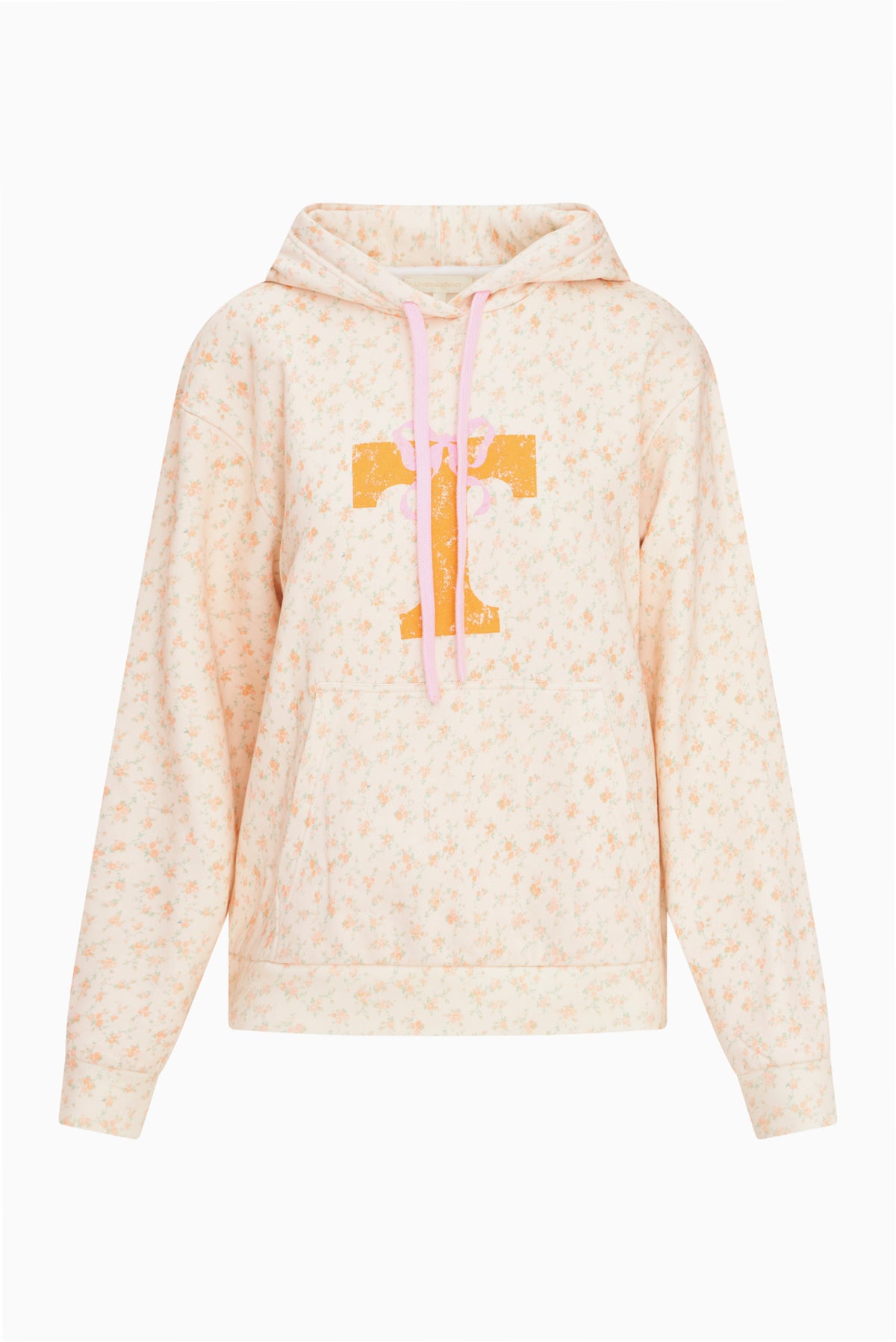 Cream floral pullover hoodie front view with hood drawstring and orange graphic