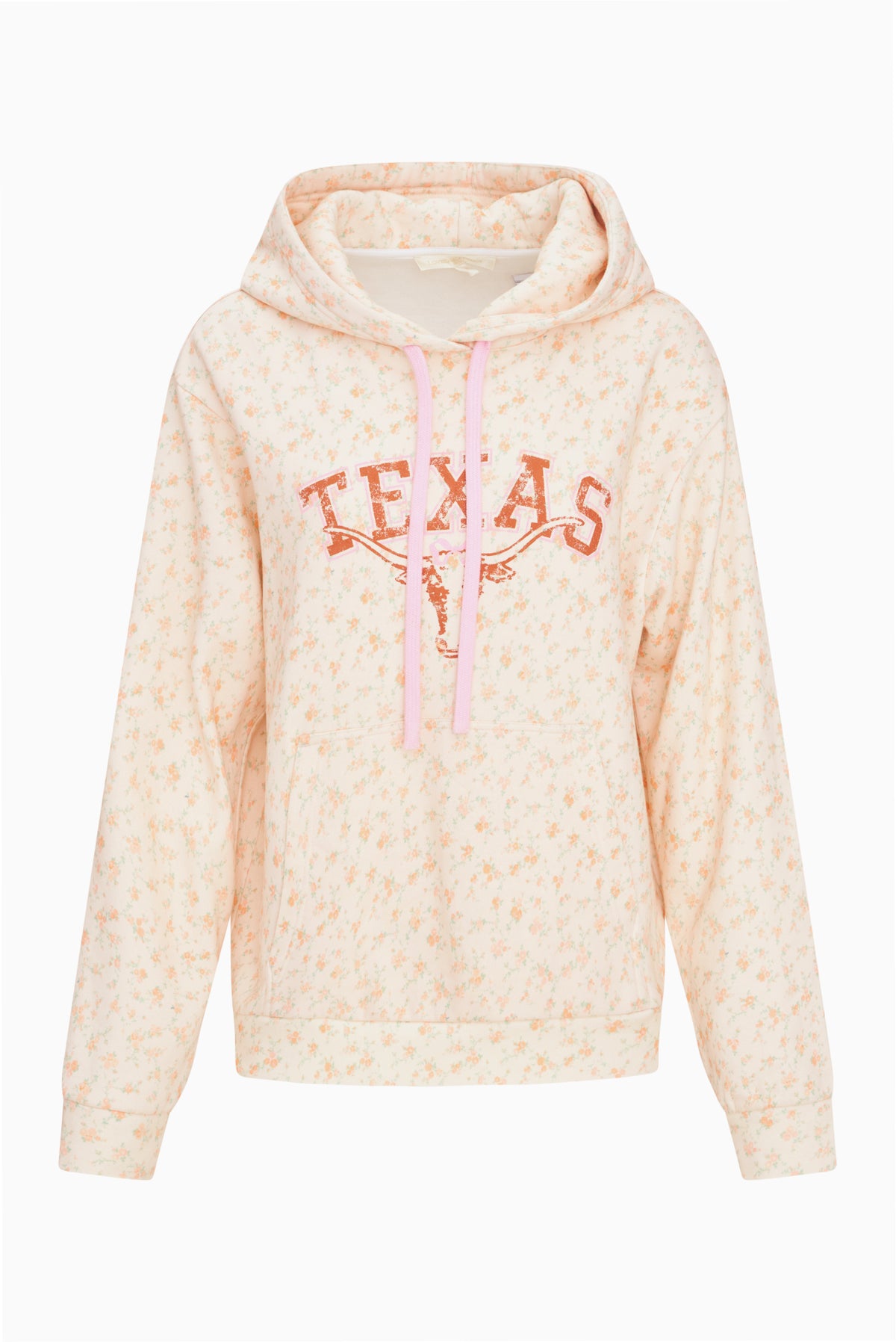 Cream patterned Nacova hoodie with drawstring hood and large orange W graphic.