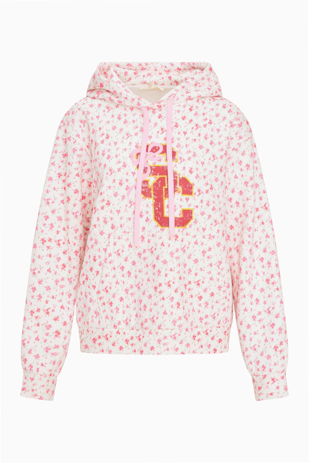 Pink patterned pullover hoodie with hood, drawstrings, and colorful 'LC' logo