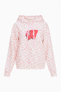Pink patterned Nacova hoodie with drawstring hood and red W logo graphic.
