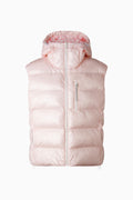 Light pink hooded puffer vest with full-length front zipper