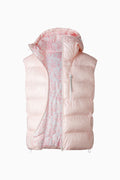 Light pink padded puffer vest with hood, front zip, and side pockets