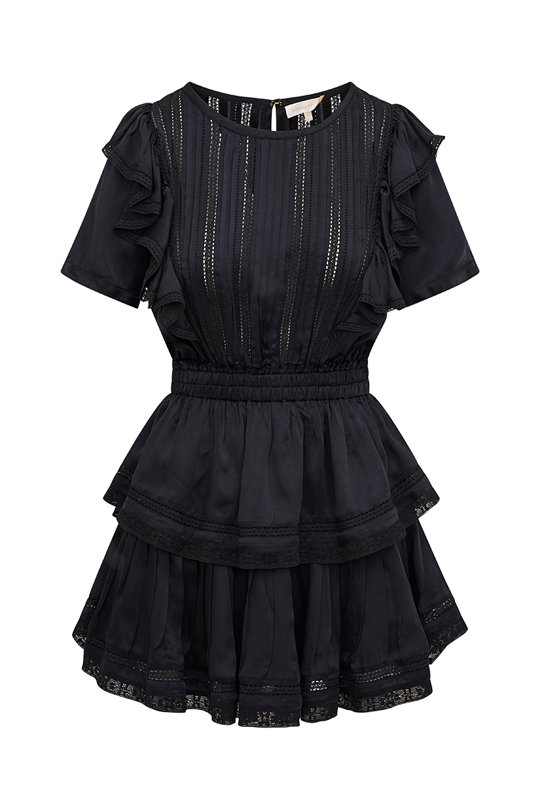 Black mini dress with ruffled sleeves, smocked waist, and tiered skirt with vertical stitching