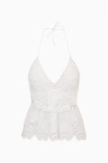 Optic white crochet eyelet halter top with scalloped hem and lace detailing