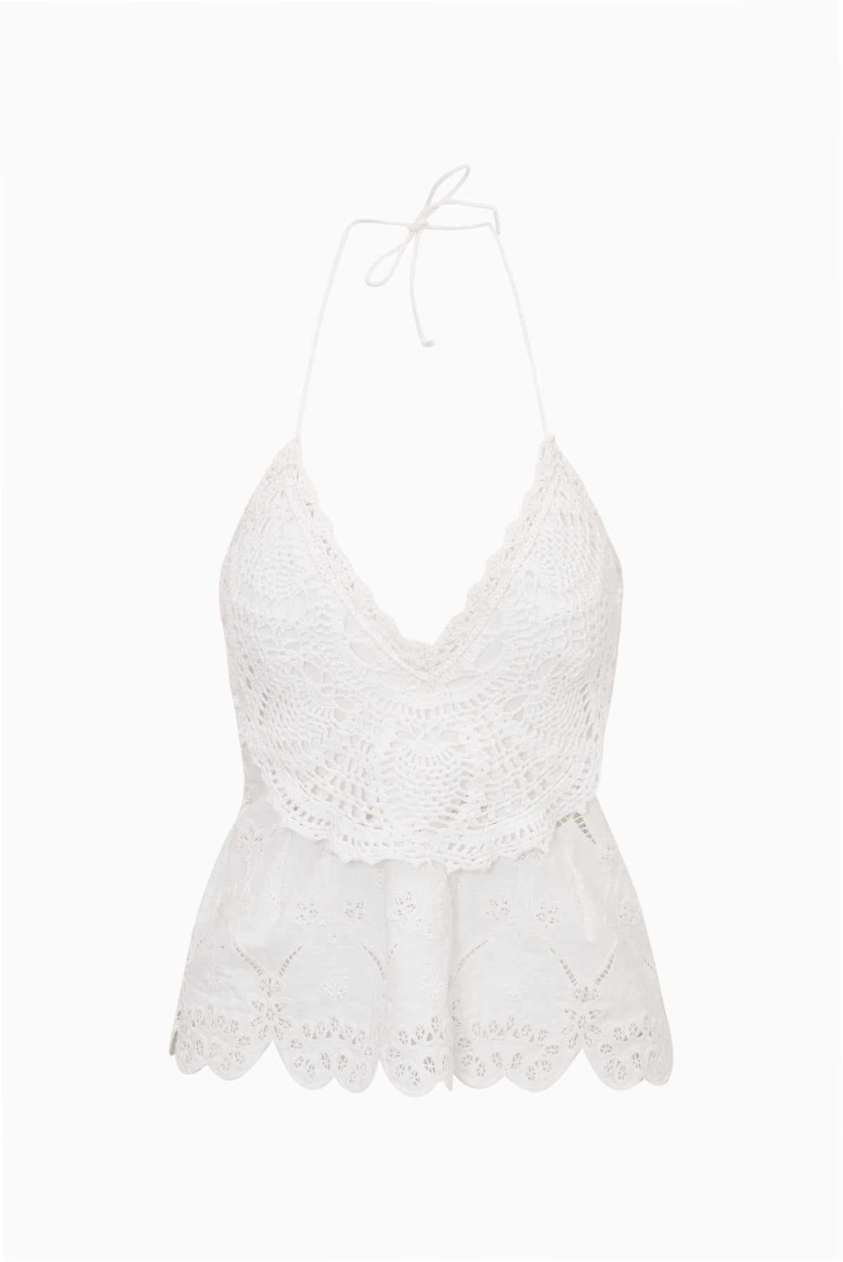 Optic white crochet eyelet halter top with scalloped hem and lace detailing