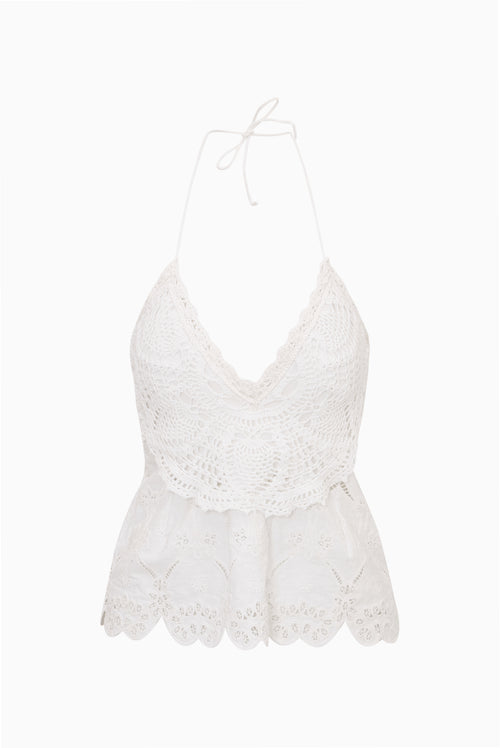Optic white crochet eyelet halter top with scalloped hem and lace detailing