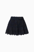 Dark navy lace mini skirt with elastic waistband and scalloped tiered hem