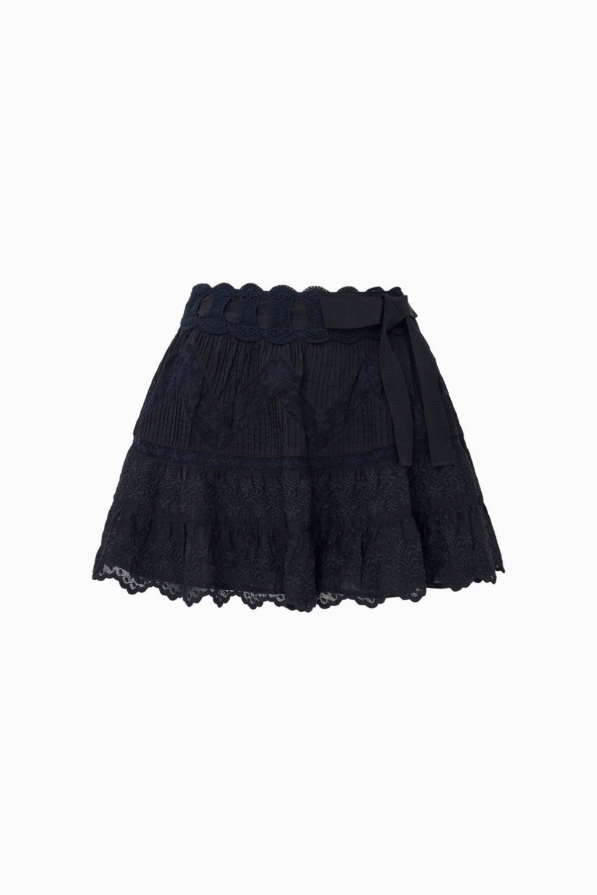 Dark navy lace mini skirt with elastic waistband and scalloped tiered hem