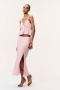 Nicoleta floral crepe peplum cami top with lace trim and ruffle hem, pink