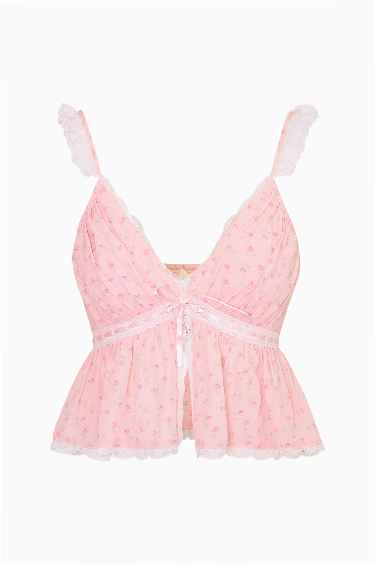 Nicoleta floral crepe cami top with tie-front and lace ruffle hem, pink