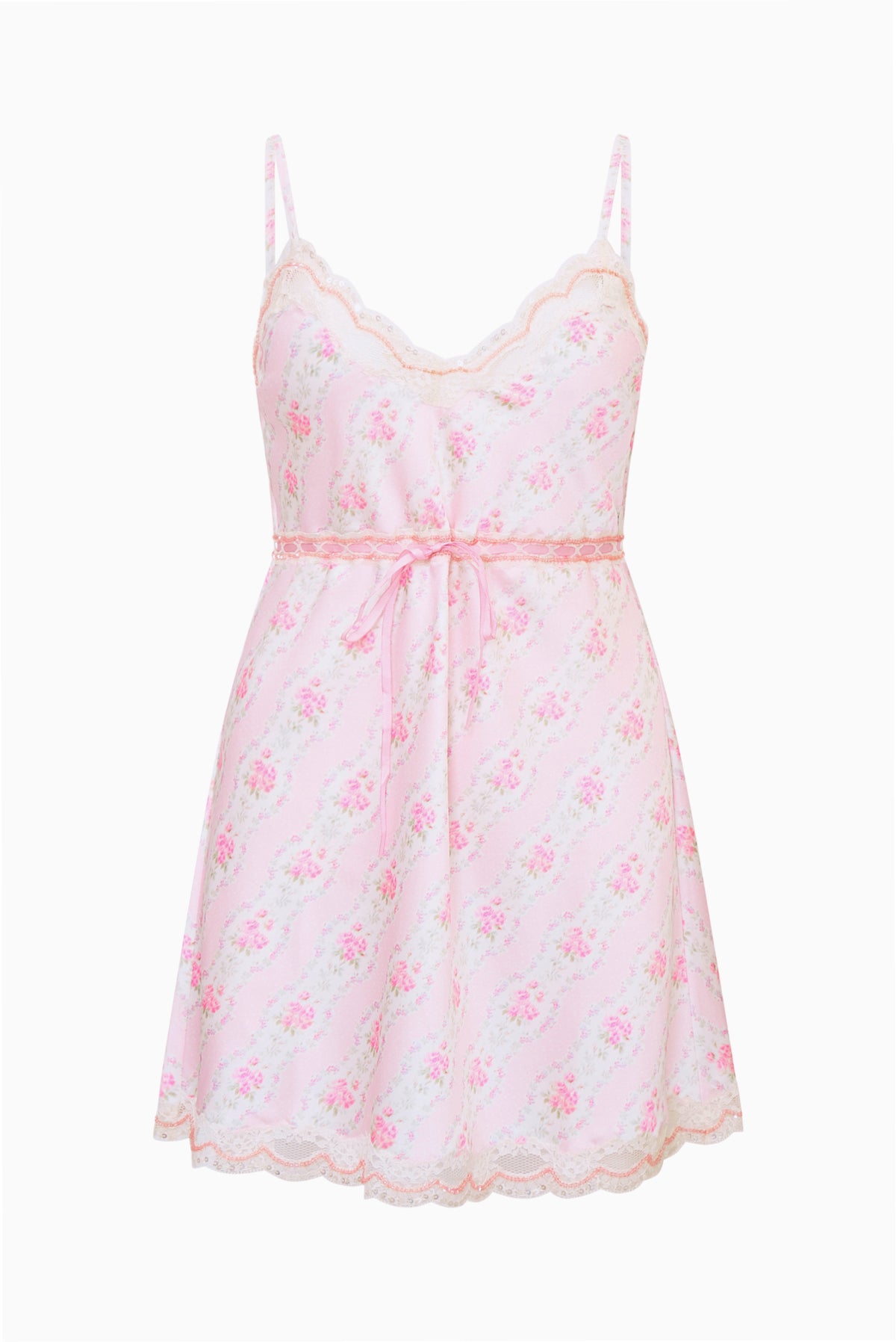 Floral satin mini slip dress with lace trim, thin straps, and gathered waist