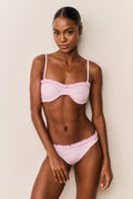 Pastel pink floral balconette bikini front view with underwire cups and ruffled band