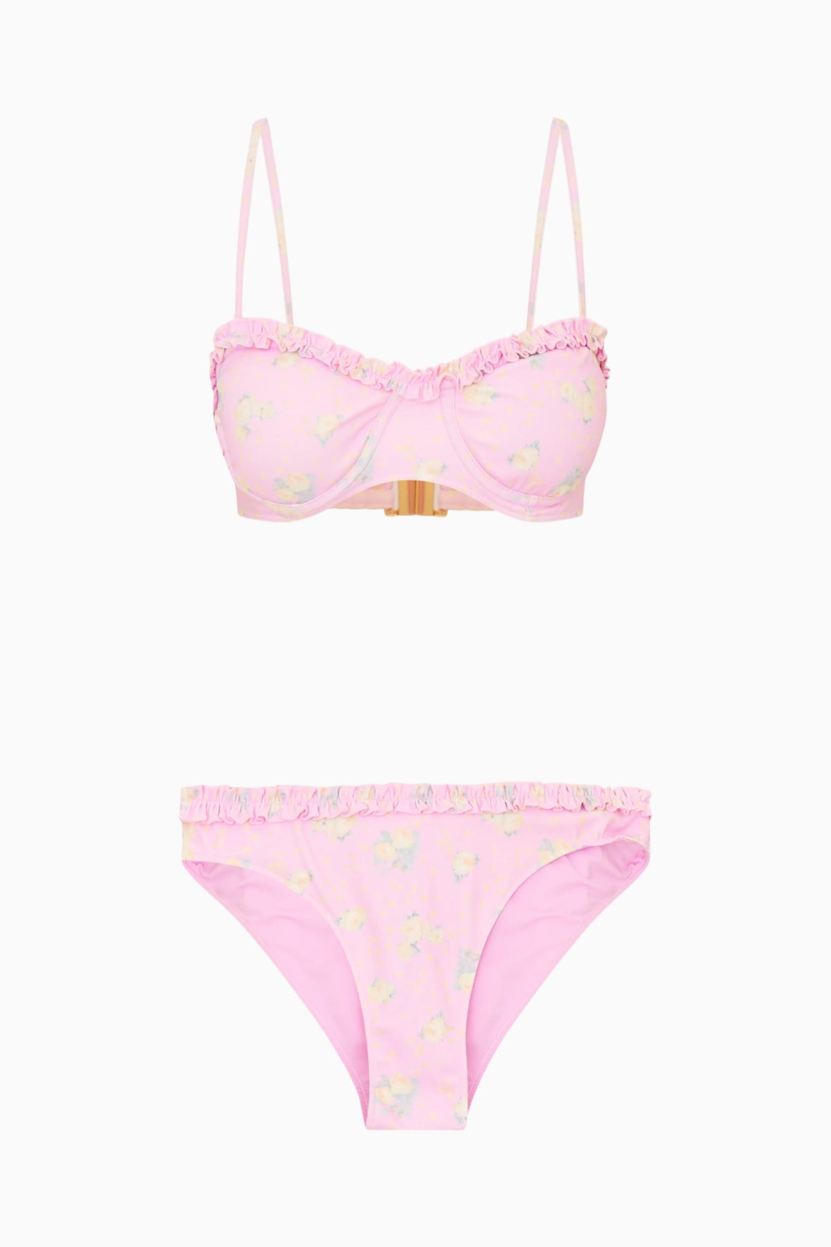Pastel pink floral balconette bikini set with underwire cups and matching high-rise bottoms