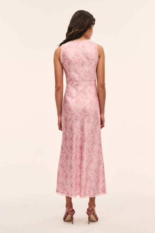 Pink floral silk-blend maxi dress, sleeveless with low back and straight skirt