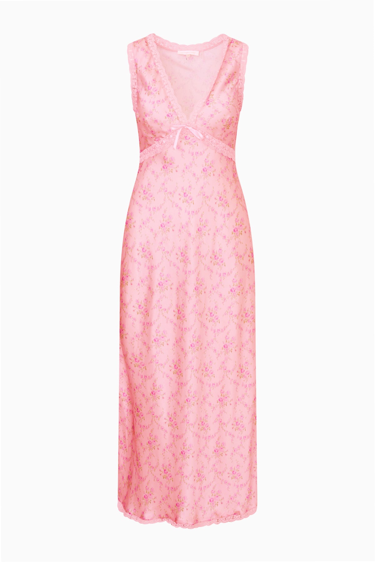 Pink floral silk-blend maxi dress, sleeveless V-neck, fitted bodice