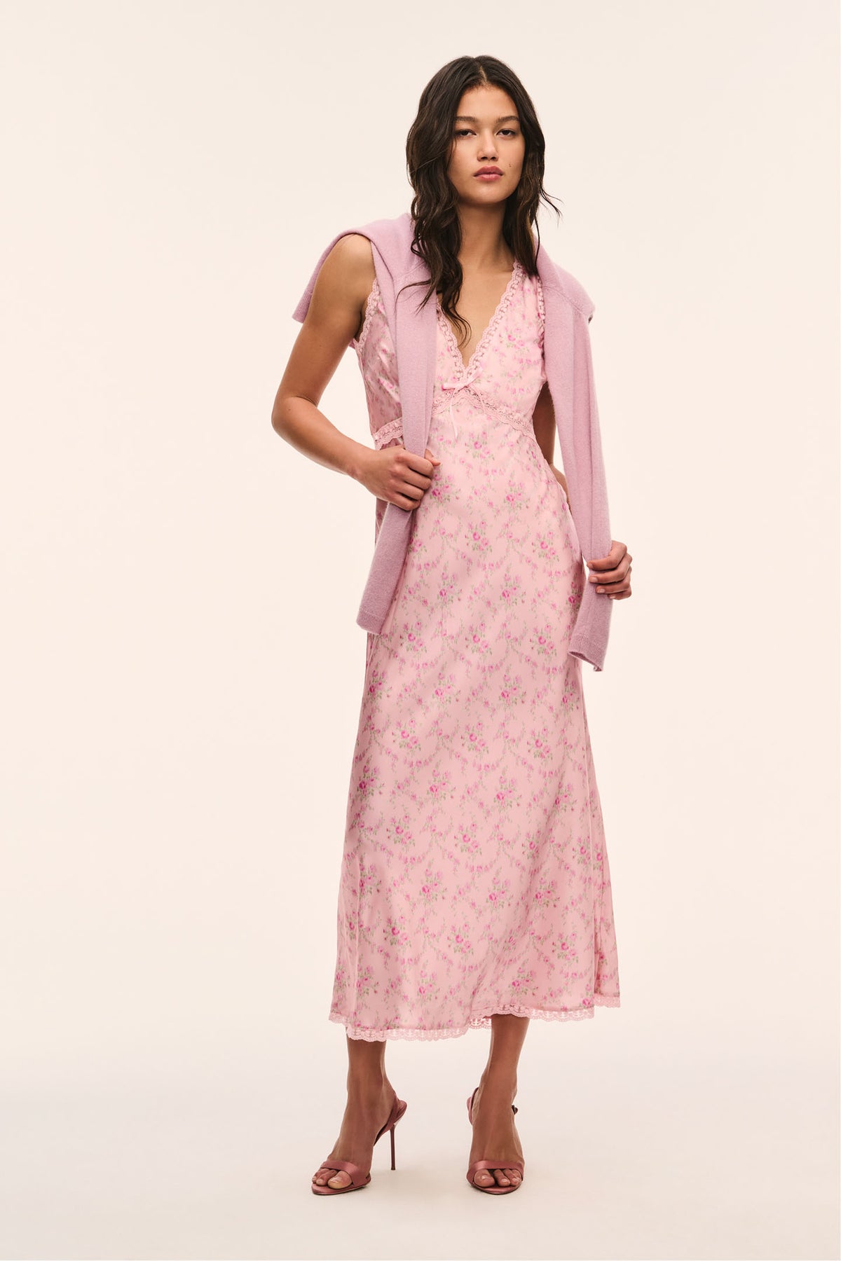 Pink floral silk-blend maxi dress, sleeveless V-neck, flared maxi skirt