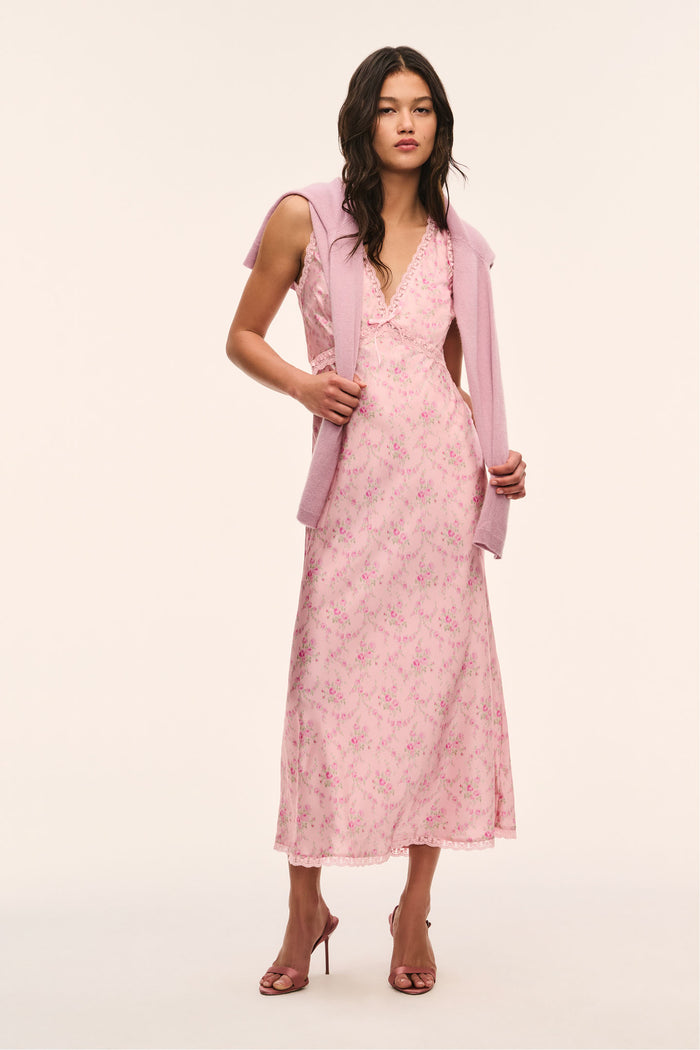 Pink floral silk-blend maxi dress, sleeveless V-neck, flared maxi skirt