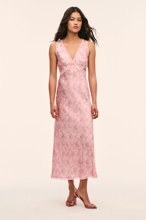 Pink floral silk-blend maxi dress, sleeveless V-neck, lightly fitted bodice