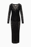 Black lace midi dress with long sleeves and V-shaped neckline