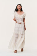 Ivory silk lace maxi skirt with tiered ruffles and sheer panel detailing