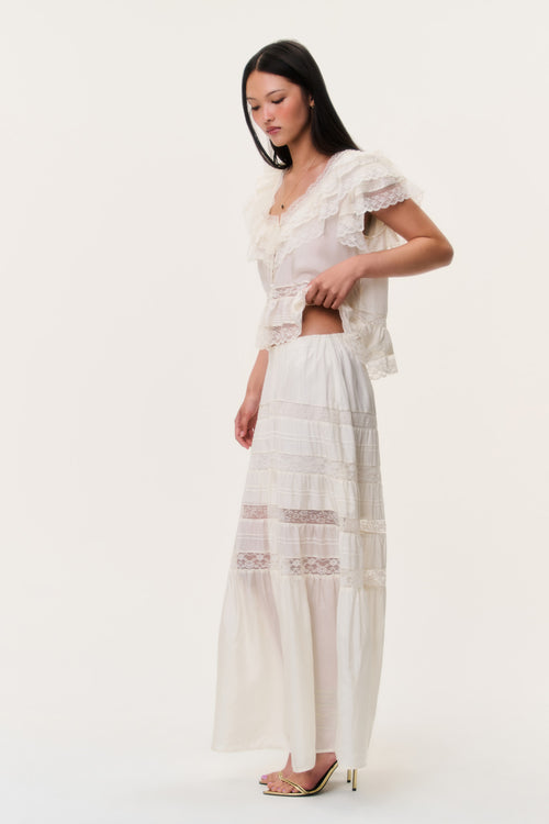 Ivory silk lace maxi skirt, side view, layered tiers with lace trim