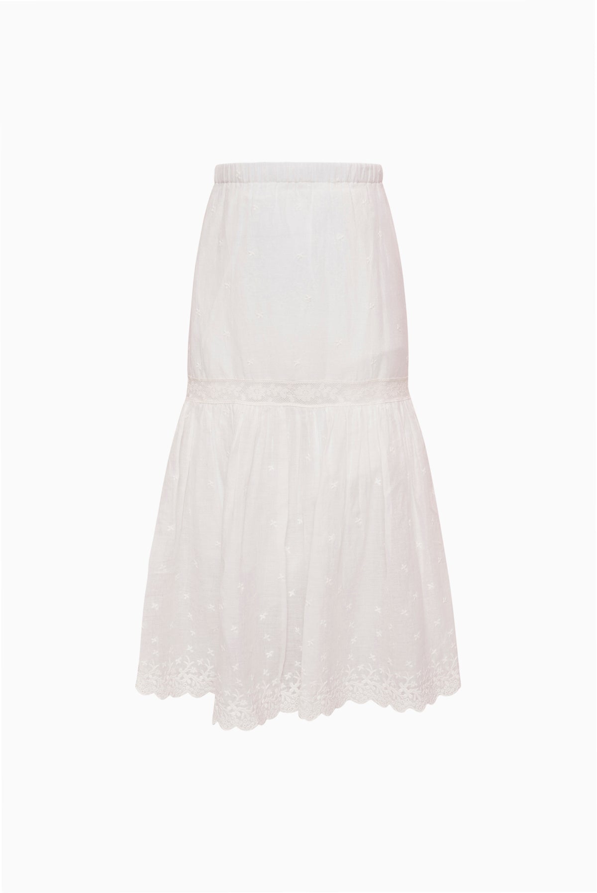 Ivory cotton lace tiered skirt with elastic waistband and scalloped lace hem