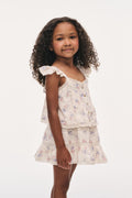 Little girls Norina top with ruffled straps, button front, pastel floral print