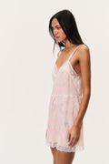 Coral pink embroidered butterfly mini dress, spaghetti straps, lace hem with tie waist