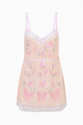 Coral pink embroidered butterfly mini dress with spaghetti straps, lace-trim hem, tie waist