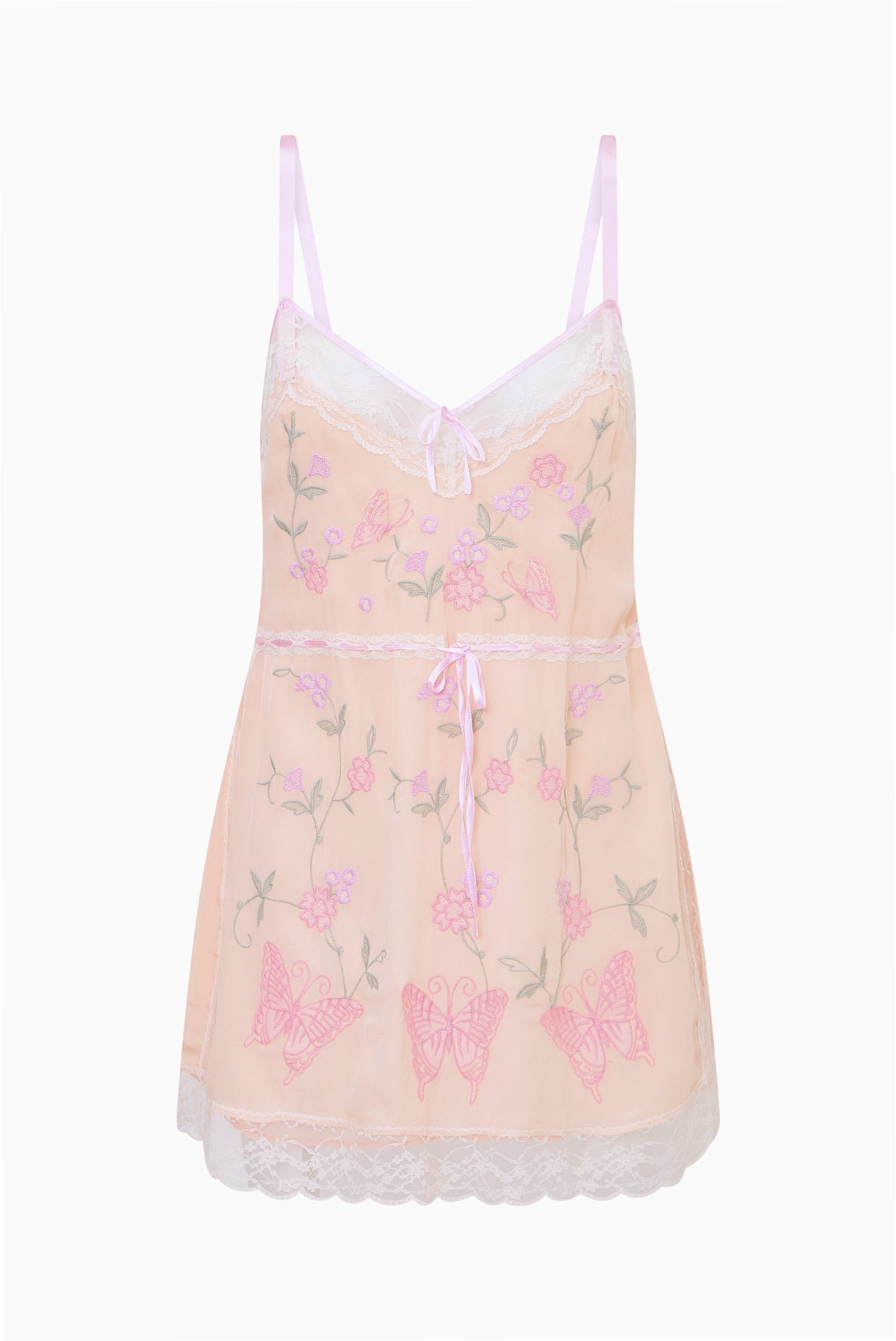 Coral pink embroidered butterfly mini dress with spaghetti straps, lace-trim hem, tie waist