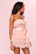 Rose tulle mini dress, strapless bandeau with tiered skirt and waist bow (side view)