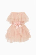 Rose tiered tulle mini dress, strapless bodice with ribbon bow at waist