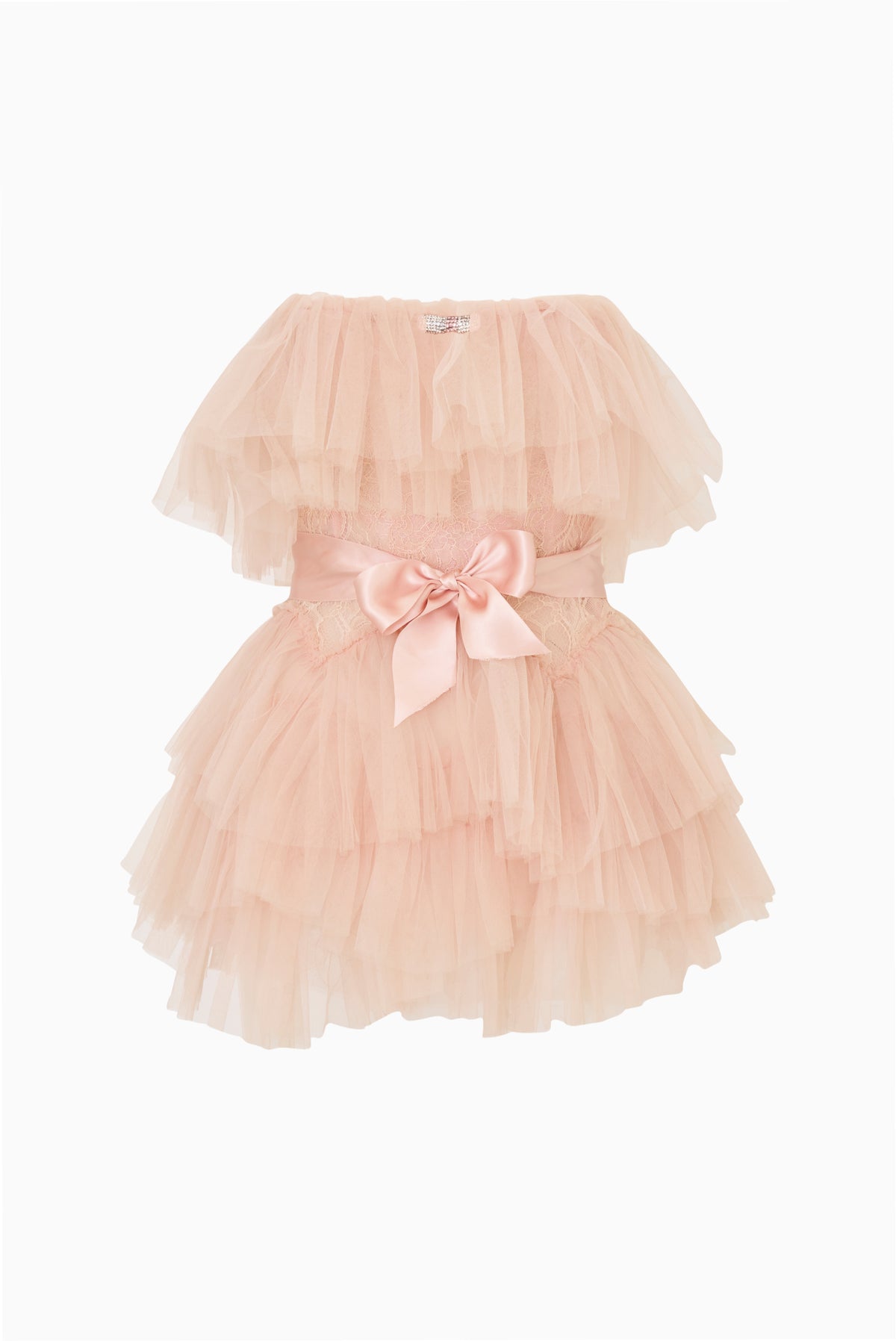 Rose tiered tulle mini dress, strapless bodice with ribbon bow at waist