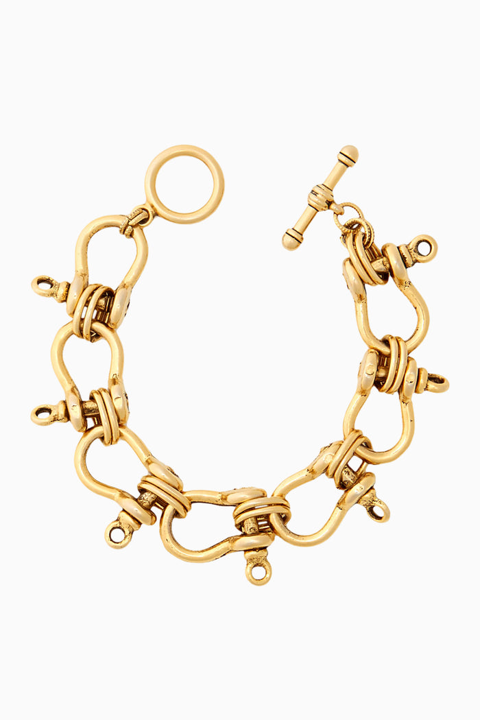 Gold nautical link bracelet with circular rings and toggle clasp, isolated